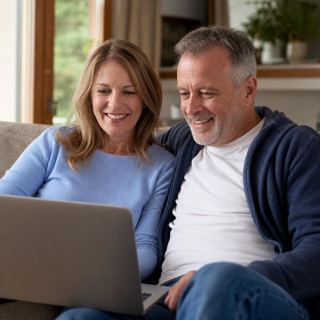 Happy couple reviewing finances on a laptop